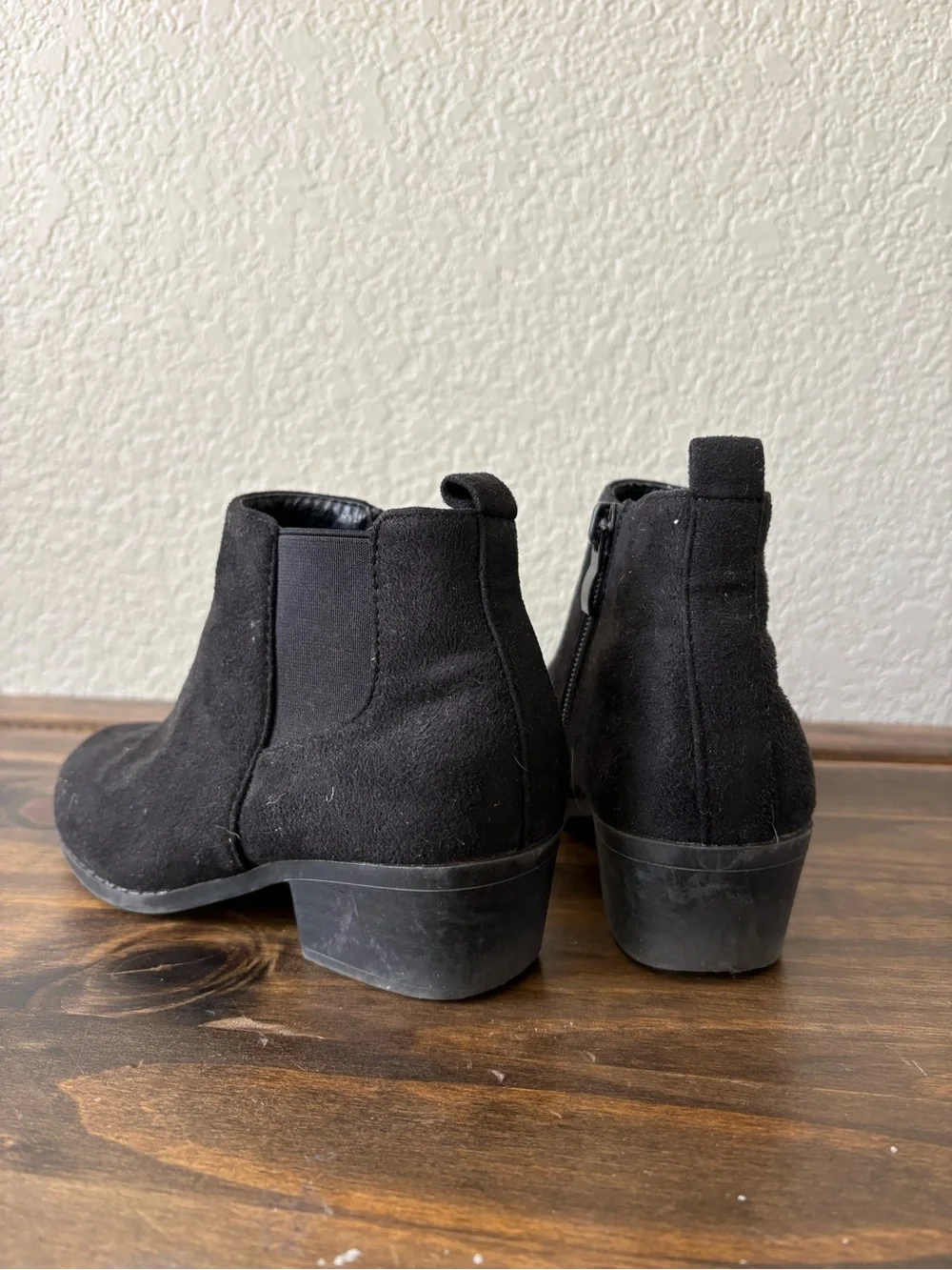 Kids Black Suede Chelsea Booties with Low Block Heel